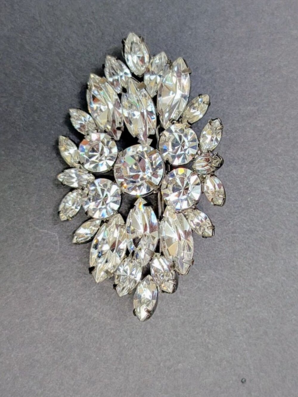 Vintage Clear Rhinestone Brooch Marquise Crystal Cluster Silver Tone Pin